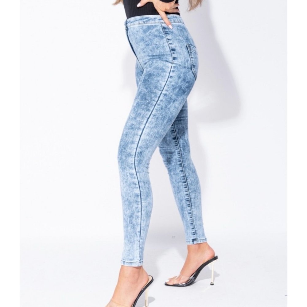 Blue Acid Wash High Waist Skinny Denim Jeggings Pants - Picture 3 of 8
